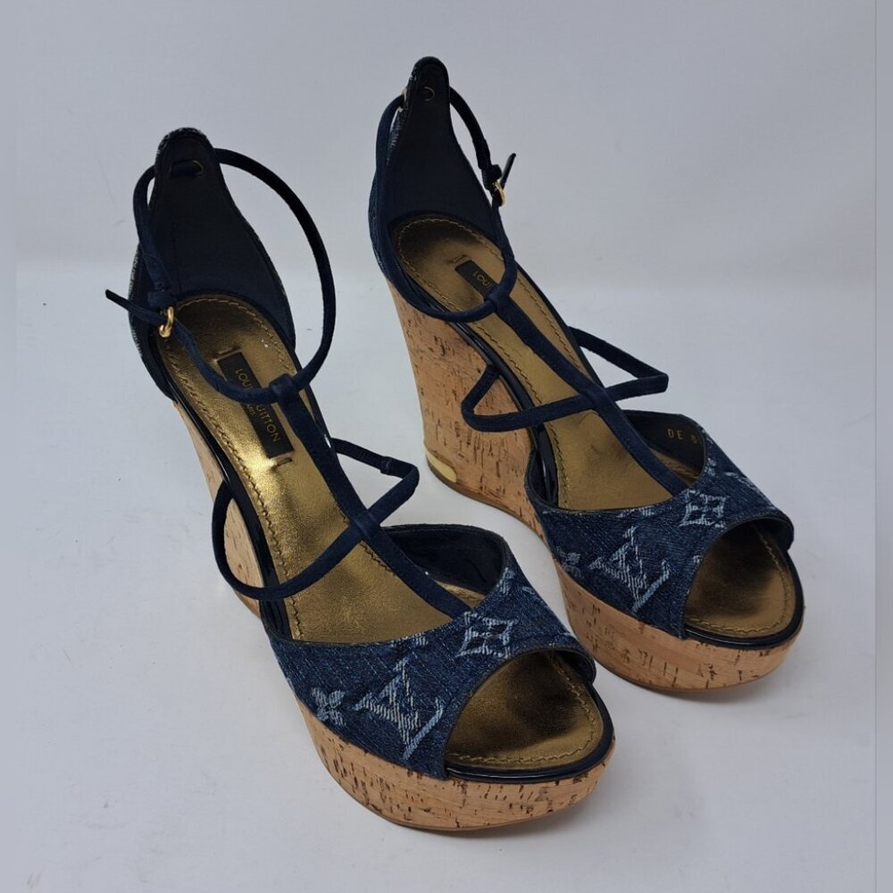 Louis Vuitton Monogram Denim Wedge Platform Ankle Wrap Pumps Shoes 7.5 / 37.5 EU - Picture 4 of 16
